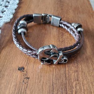 7.5" Gunmetal and Brown Leather Bracelet Anchor Nautical Theme Fashion Design